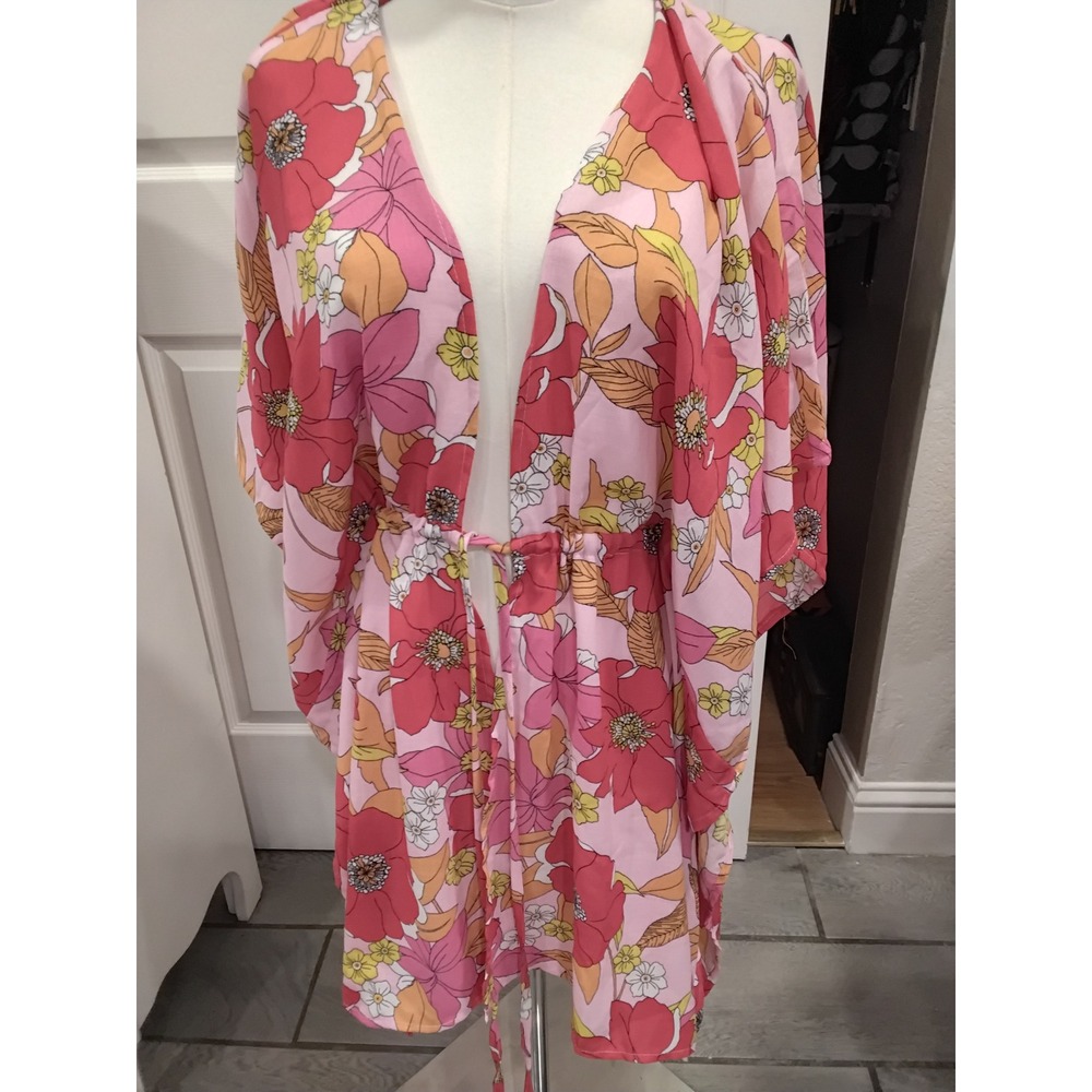 RoomMates Pink Floral Kimono Cover Up Drawstring Waist CU17339P Womens OS